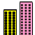 The yellow building is shorter than the pink building.