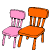 The orange chair is wider than the pink chair.