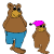 The bear with the pants is bigger than the bear with the hat.