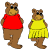 The bear with the dress is smaller than the bear with the shirt.