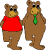 The bear with the shirt is smaller than the bear with the tie.